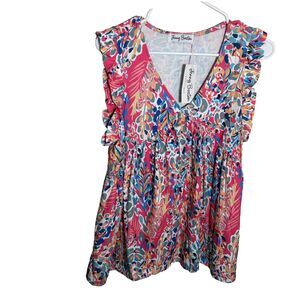 Jenny Boston Tank Top Women's Medium Colorful Artsy Sleeveless Boho Ruffle